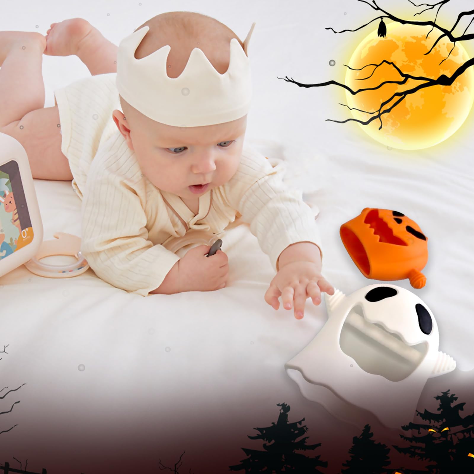 2 Pack Halloween Baby Teething Toy Halloween teethers for Baby, Cute Cartoon Baby Teether for Babies Wrist Hand Silicone Soft Soothe Teethers Baby