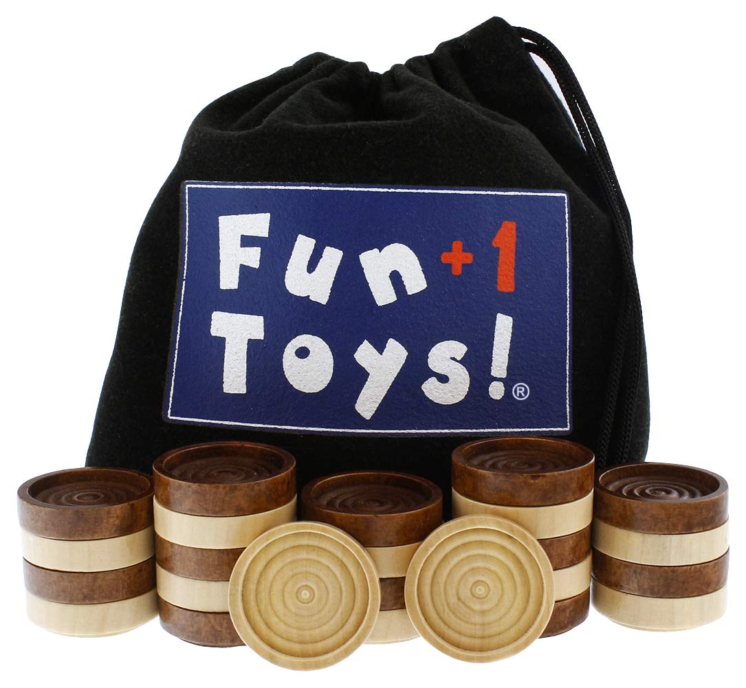Fun+1 Toys! Classic Wood Checkers Stackable Pieces - Set of 26 Total Checkers Pieces in a Velvet Drawstring Storage Pouch. Each Piece 1.125-Inch Wide