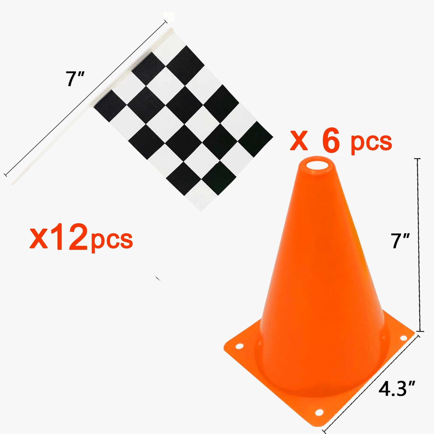 YOELVN 6 Pack 7inch Orange Race Cones with Holes on Top,12 Pack Checkered Flags,Racing Car Birthday Party Decorations,Two Fast Centerpieces,Race Cars