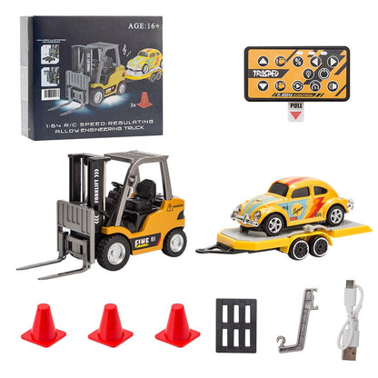 RC Forklift Truck with Trailer, 1/64 Mini Alloy Remote Control Forklift, 2 Mode Speed Truck with Cargo Hook, Pallets, RC Construction Vehicles