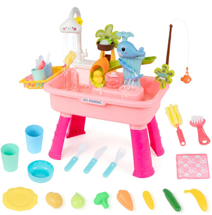 Julttum Upgraded Toddler Sand Water Table Toy with Electric Water Pump, 4-in-1 Kids Outdoor Play Center with Faucet Play Food Fishing Game, Kitchen