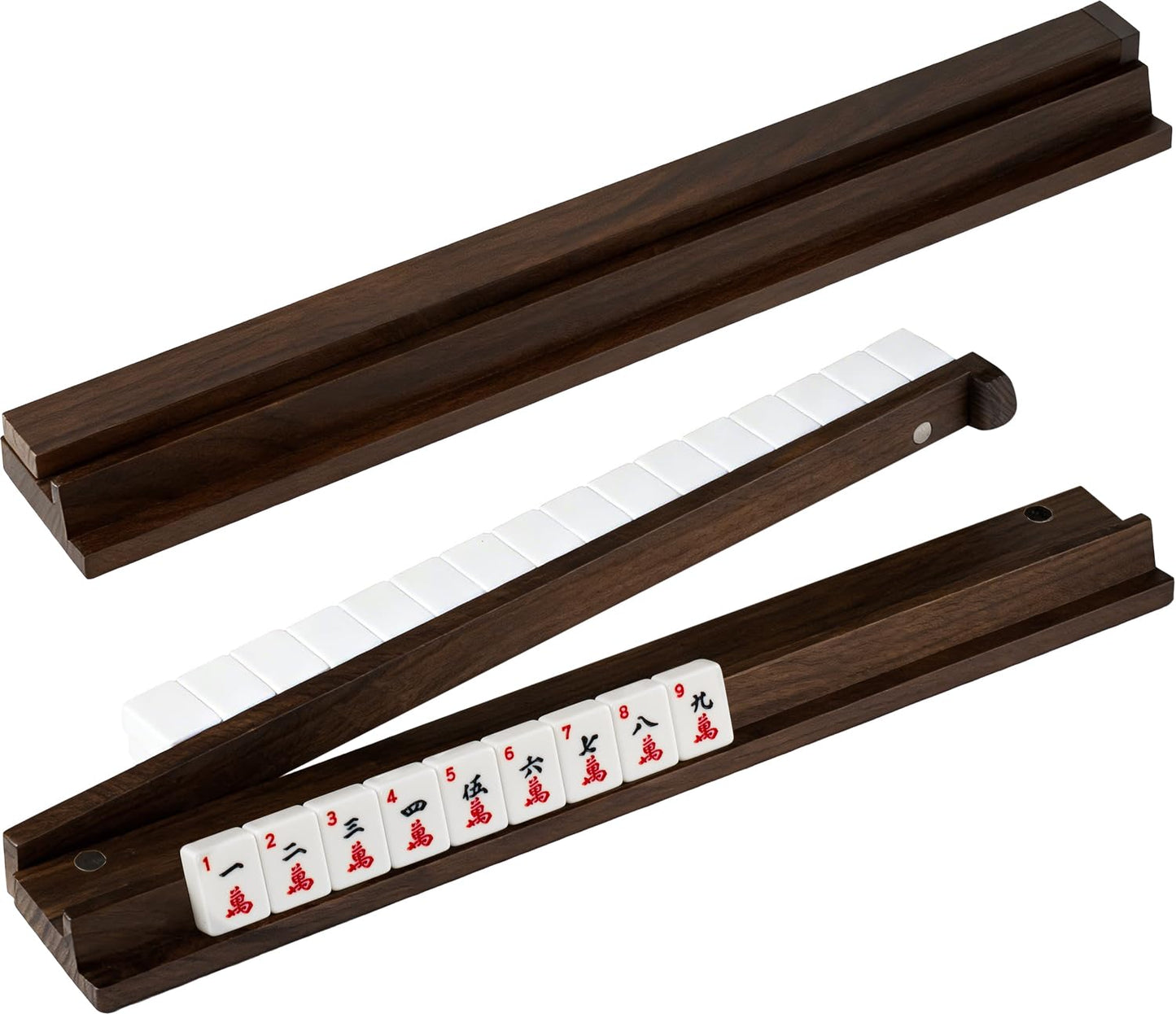 MUTEX American Walnut Wood Mahjong Racks with Pushers, 4pcs Mahjong Racks Set for Mahjong/Mexican Train/Dominoes, Elegant Wooden Mahjong Tiles Racks