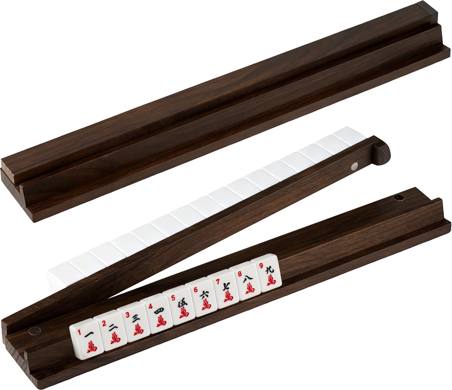 MUTEX American Walnut Wood Mahjong Racks with Pushers, 4pcs Mahjong Racks Set for Mahjong/Mexican Train/Dominoes, Elegant Wooden Mahjong Tiles Racks
