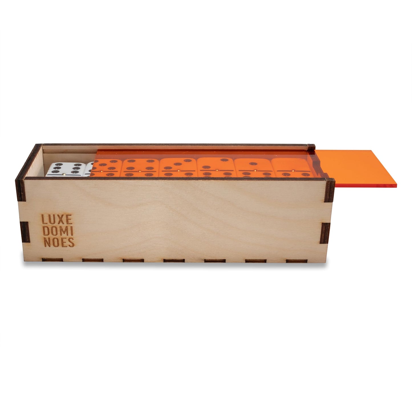 Deluxe Modern Domino Set Double Six, with Jumbo Sized Tournament Dominoes Black and White Two Toned with Spinner (Rivets) in Wood Box with Acrylic Top