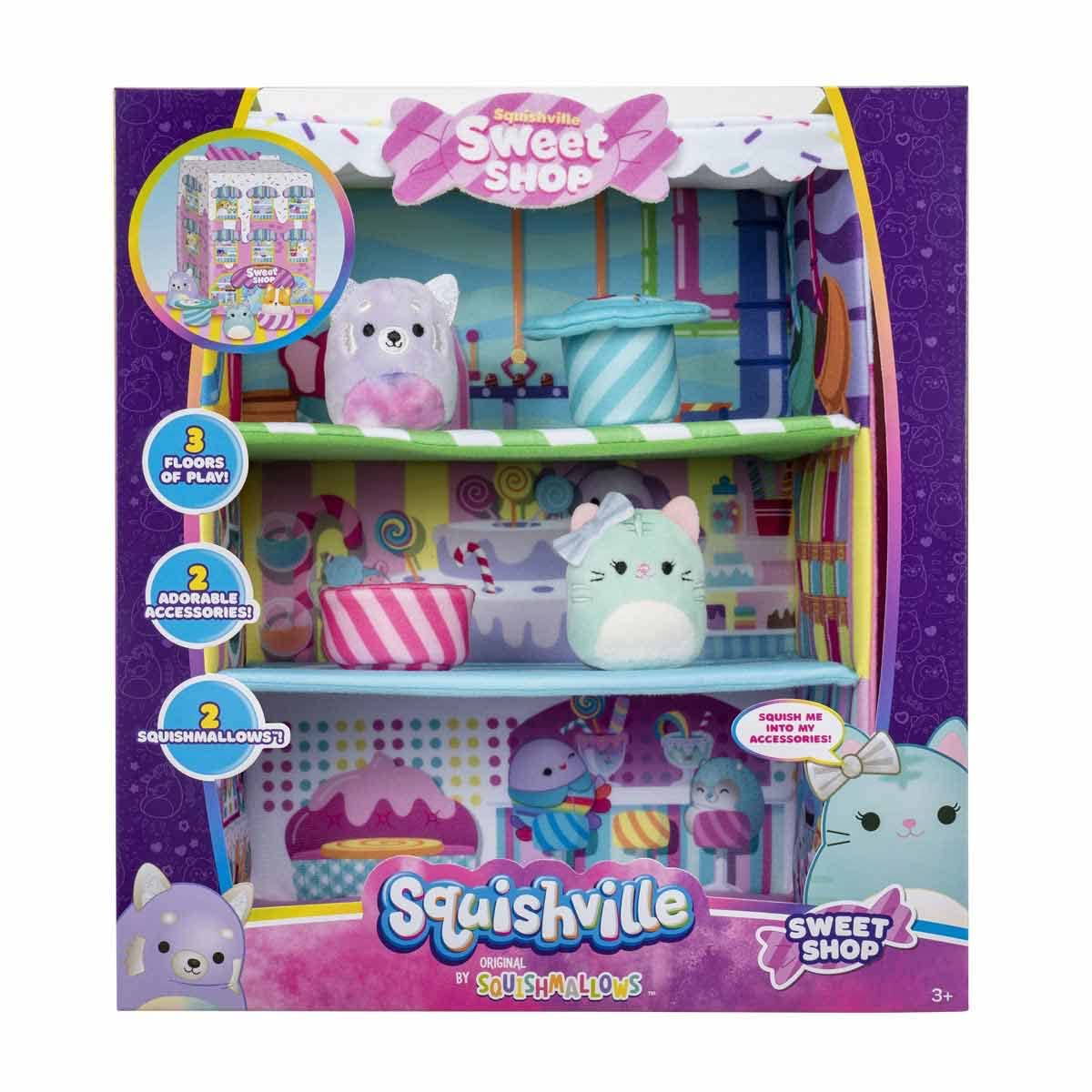 Squishville by Original Squishmallows Sweet Shop - Playset with 2-Inch Priya The Purple Panda, Tres’zure The Teal Cat & Bistro Table and Chair - Toys