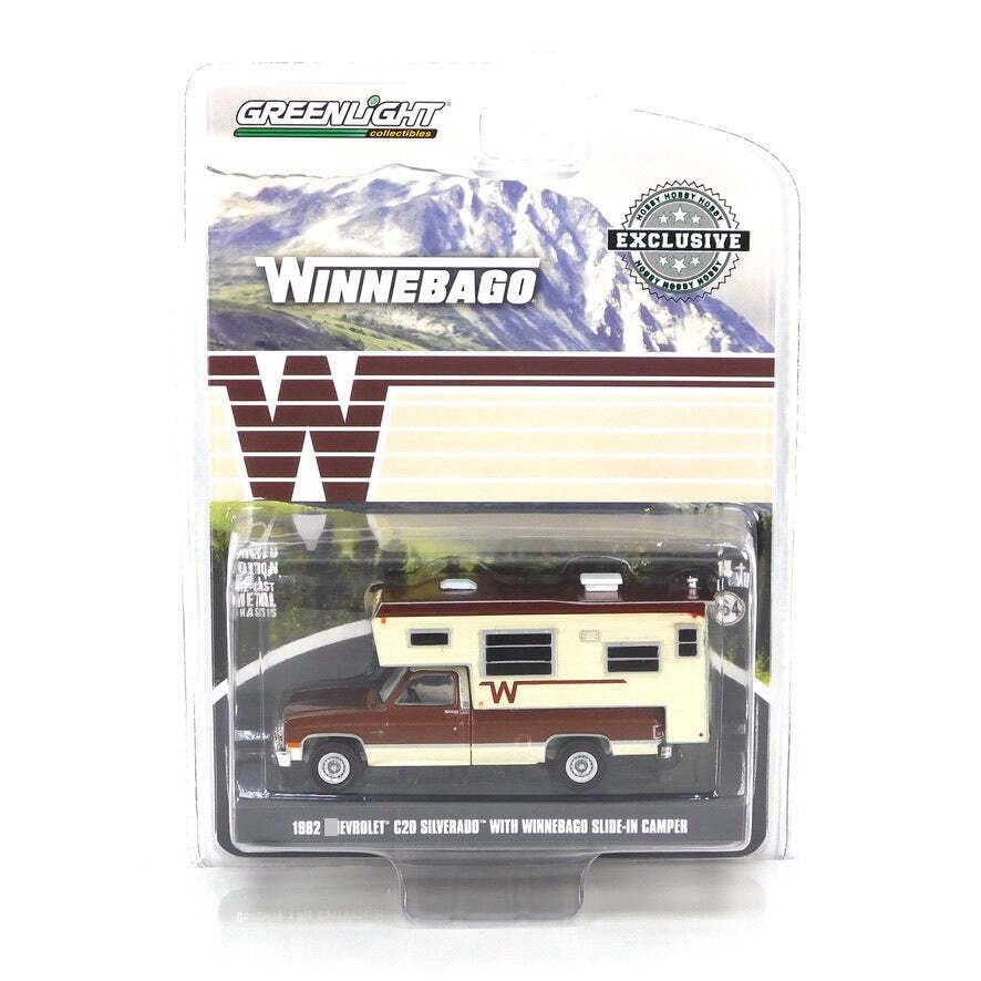 Greenlight 1:64 1982 C20 Silverado Camper Special with Winnebago Slide-in Camper - Dark Chestnut Metallic and Santa Fe Tan Deluxe Two-Tone 30407