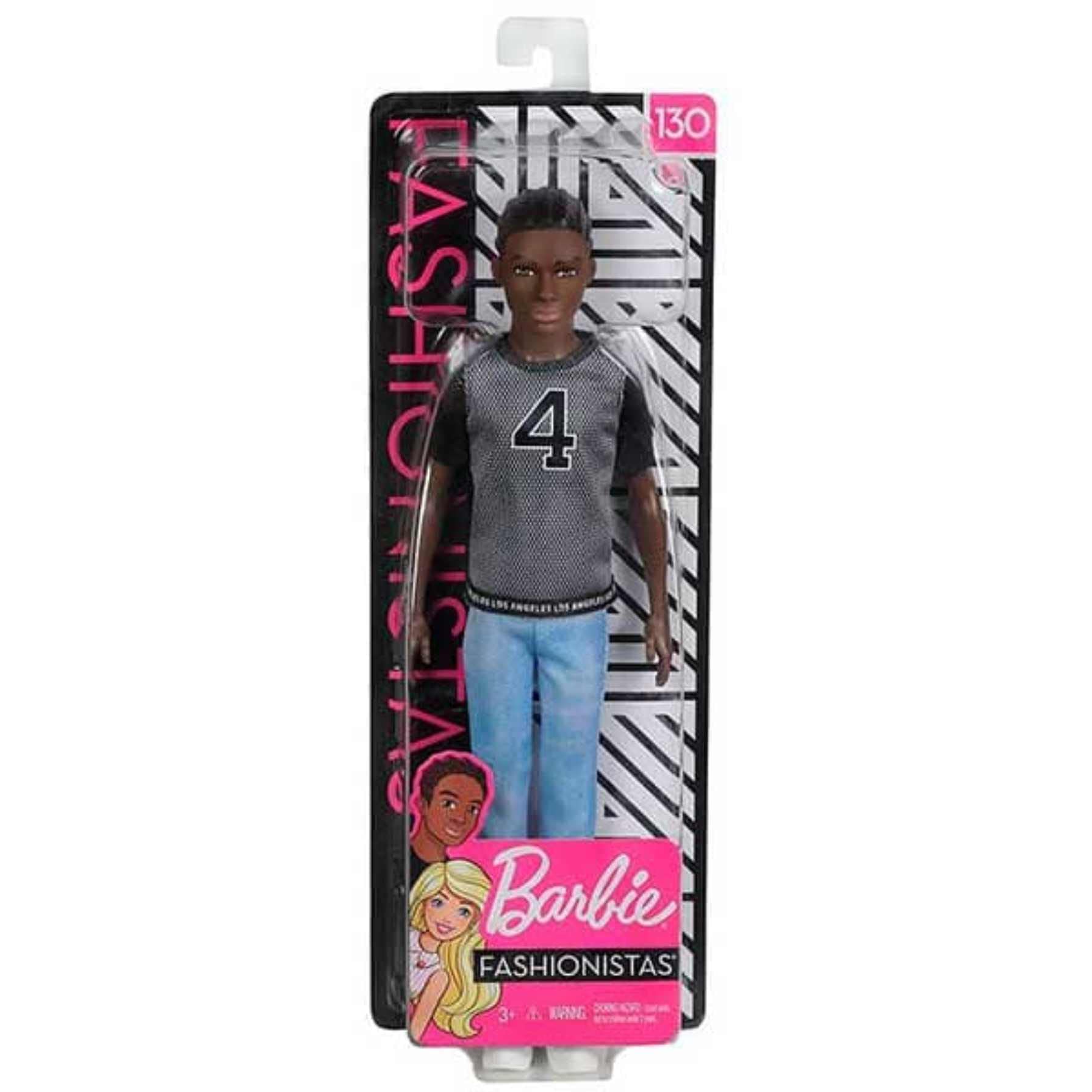 Barbie Ken Fashionistas Doll #130 with Sculpted Brunette Hair Wearing a Number 4 T-Shirt, Denim Pants & Shoes, Toy for Kids 3 to 8 Years Old