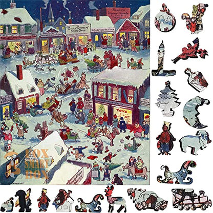 Wooden Jigs?w Puzzle for Adults - Uniquely Shaped Pieces - Made in The USA by FoxSmartBox - 263 Pieces - Christmas eve at Yapp's Crossing