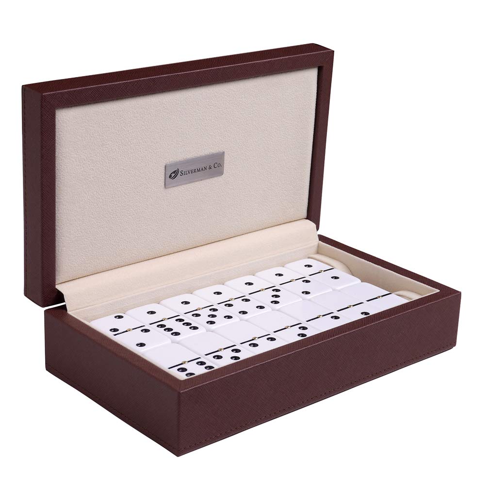 Silverman & Co. Double 6 Large White Domino Set - Brown Case