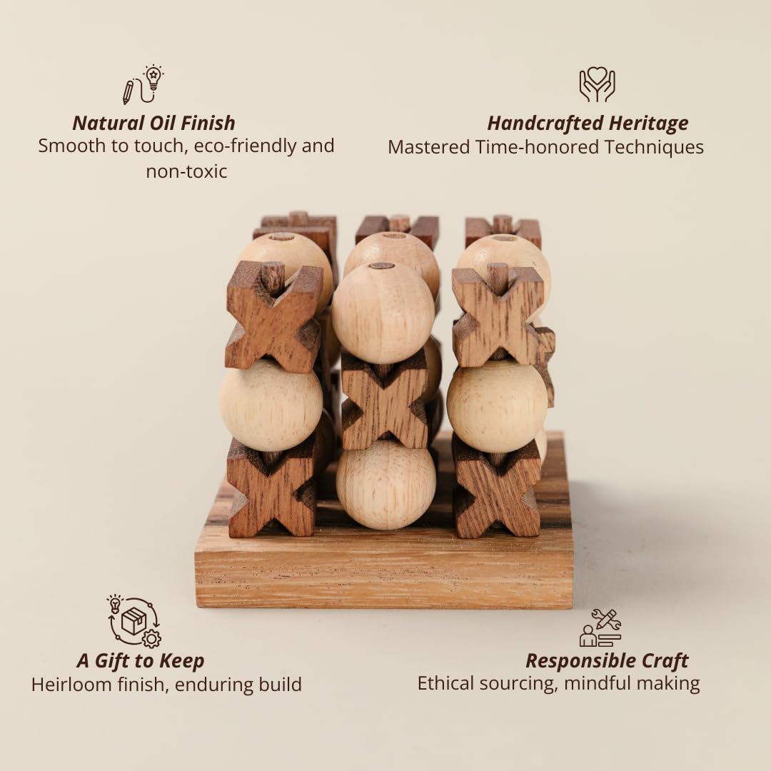 Wooden Tic Tac Toe (XOXO) Game - Handmade 2-Player Strategy Board Game - Travel Size, Rustic Tabletop Decor - Sustainable Wood Gift for Adults