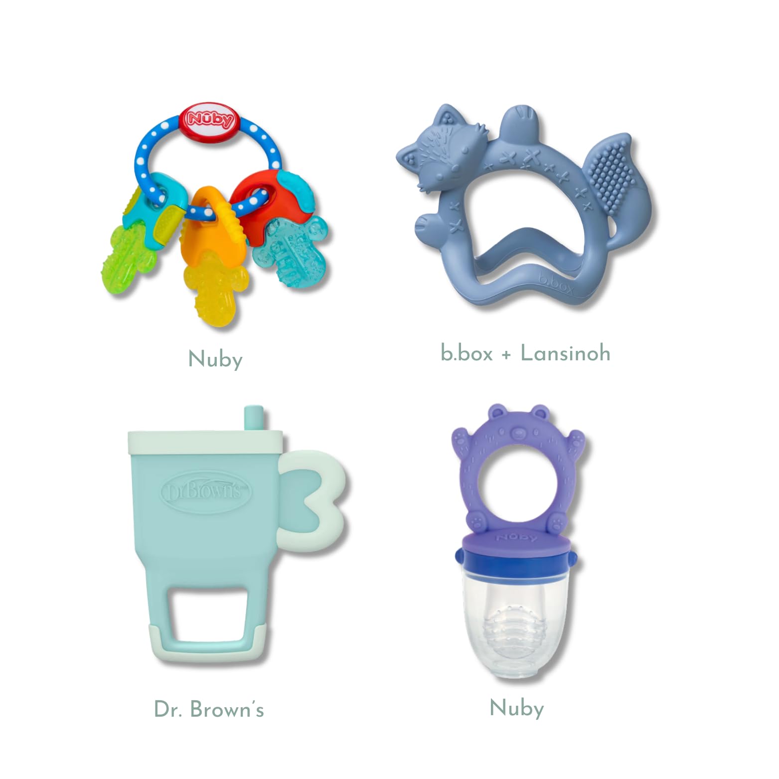 Teether Trial Pack Variety Box for Babies - 4 Baby-Safe Teething Toys & Sensory Teethers for Teething Relief (Nuby, Lansinoh x b.Box, Dr. Brown's)