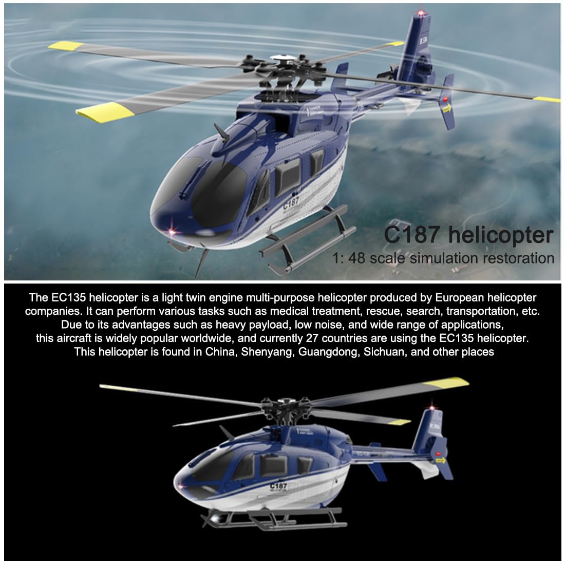 C187 EC-135 RC Helicopter for Adults, 1:48 2.4G 4CH Single Flybarless Direct-Drive RC Helicopter Outdoor, RC Aircraft Optical Flow Positioning 6-axis