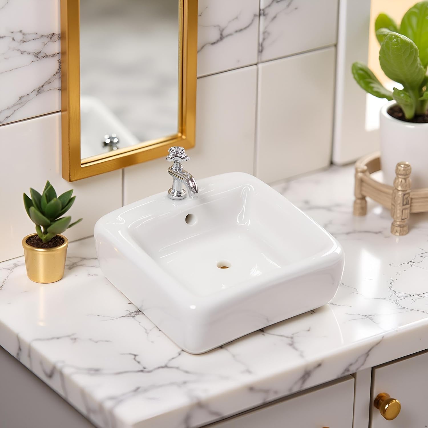 1:12 Scale Ceramic Sink with Removable Faucet - Miniature Dollhouse Bathroom and Kitchen Accessories for Victorian Style Decor, Realistic Doll House