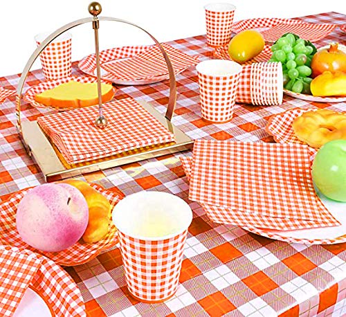 Gatherfun Disposable Paper Napkins 3-ply Orange and White Gingham Beverage Napkins for Dinner, Picnic, Birthday Party?6.5X6.5 in, 50-Pack)