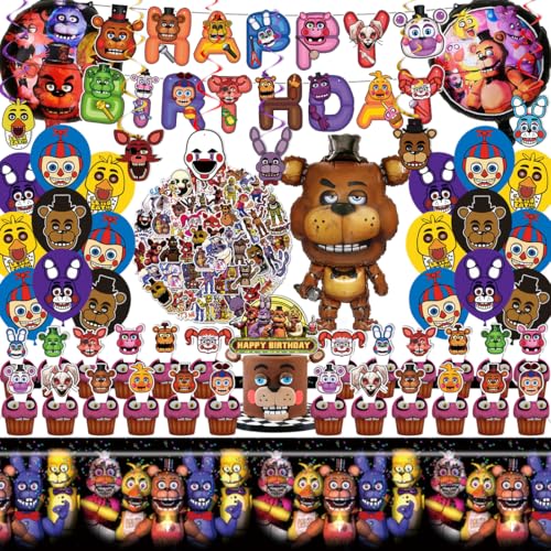 Freddy's Birthday Decorations, Party Supplies Set Include Banner, Balloons, Stickers, Hanging Swirls, Cake Cupcake Toppers, Tablecloth for Boys Girls