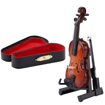 Mini Violin, Wooden Miniature Violin Model with Bow Stand Case Dollhouse Accessories for Home Office Decor Birthday Christmas Gift