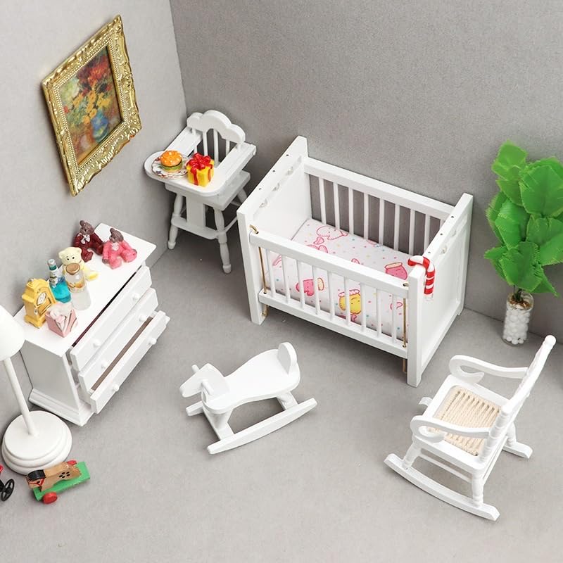 White Wooden Nursery Bedroom (5pcs) 1:12 Scale Dollhouse Furniture,Non-Toxic Paint