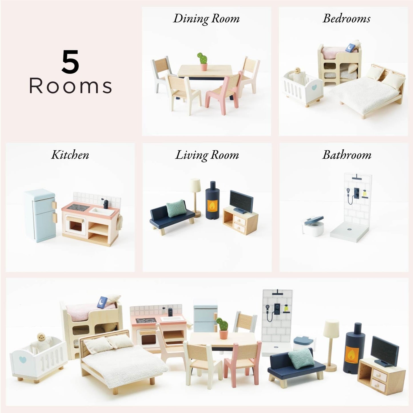 Le Toy Van - Wooden Dolls House Full Starter Furniture & Accessories Play Set for Dolls Houses | Girls or Boys Dolls House Furniture Sets - Suitable