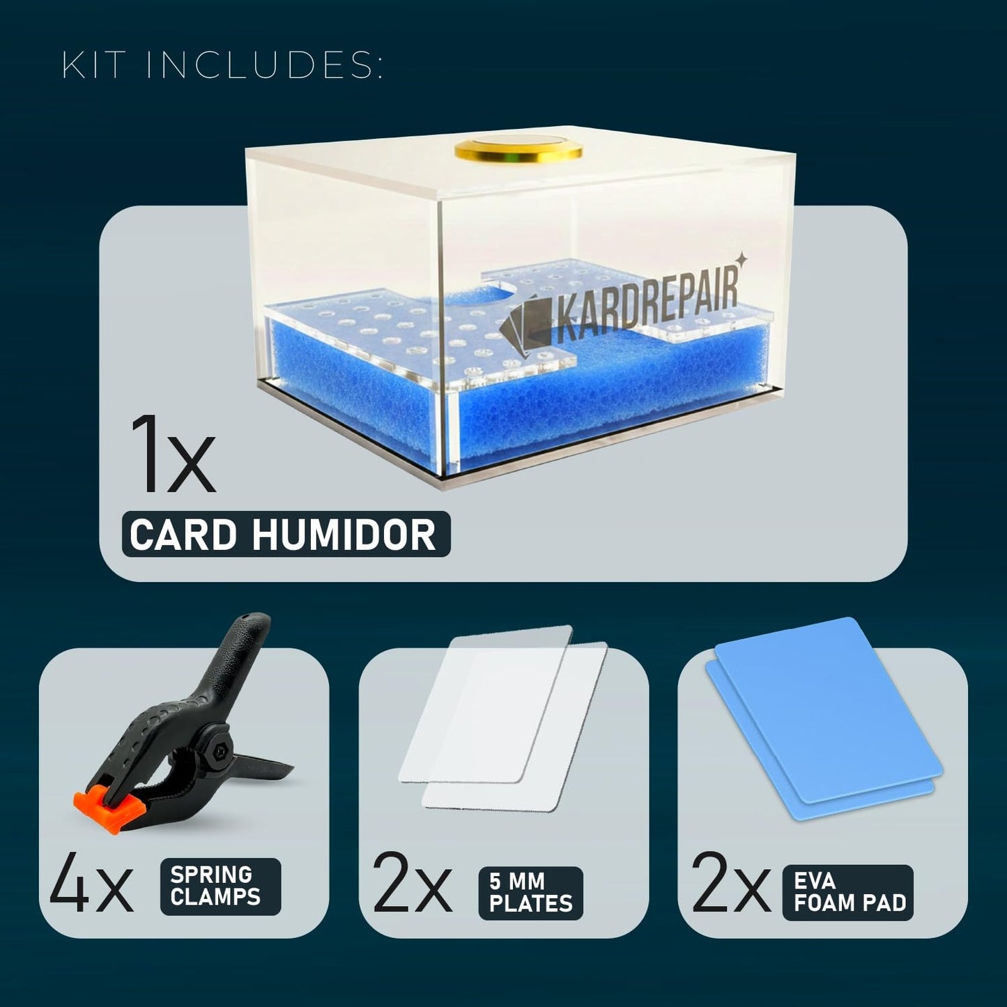 Kardrepair - Card Repair/Restoration Humidor Kit - Includes 2 Acrylic Flattening Plates, 2 EVA Foam Pads, 4 Spring Clamps, Custom Fit Base Sponge