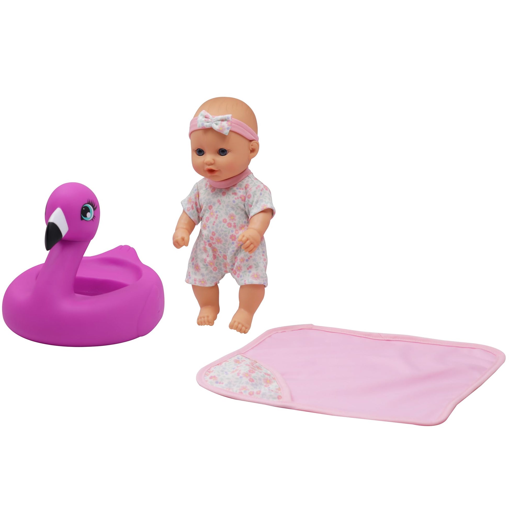 Dream Collection: 10" Bath Time Baby Doll & Flamingo Floatie Set - Onesie Outfit & Headband, Swaddle Blanket Towel, Hard Body, Water Play Toy, Kids 2+