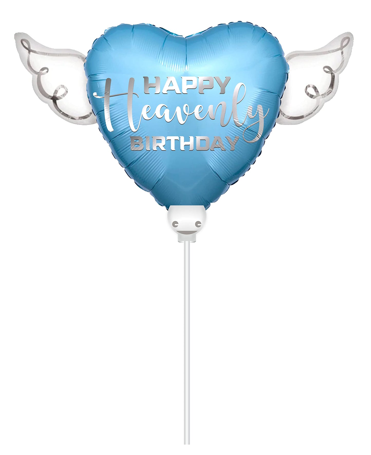 Blue Happy Heavenly Birthday Heart Balloon on a Stick with Angel Wings - Memorial & Remembrance