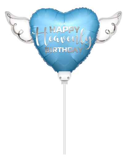 Blue Happy Heavenly Birthday Heart Balloon on a Stick with Angel Wings - Memorial & Remembrance