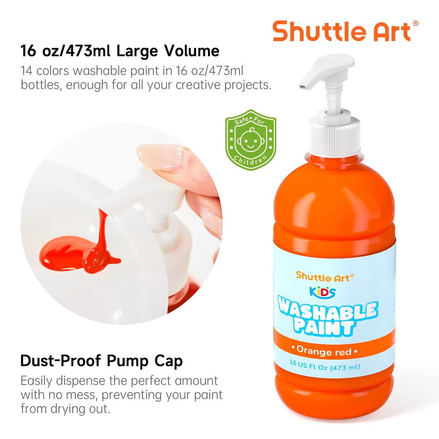 Shuttle Art 14 Colors Washable Paint for Kids, 16 oz Bulk Tempera Paint with Pump, Non-Toxic Kids Washable Paint for Art and Crafts, Home & School