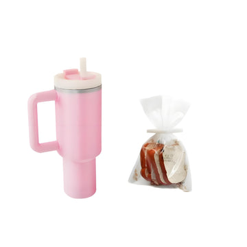 2Pcs Miniature Drink Cup & Toast Set - Realistic 1/12 Scale Dollhouse Tumbler with Detachable Lid & Straw, Pink, for DIY Dollhouse, Fairy Garden