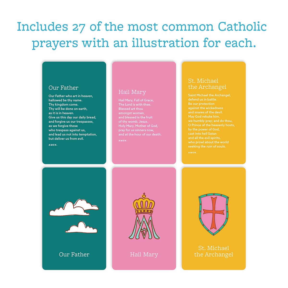 My Catholic Prayer Ring Cards - 27 Brightly Illustrated Prayer Cards with 1.5" Metal Ring - 2.5" x 4" Rounded Corners Religious Cards - Ideal Teaching