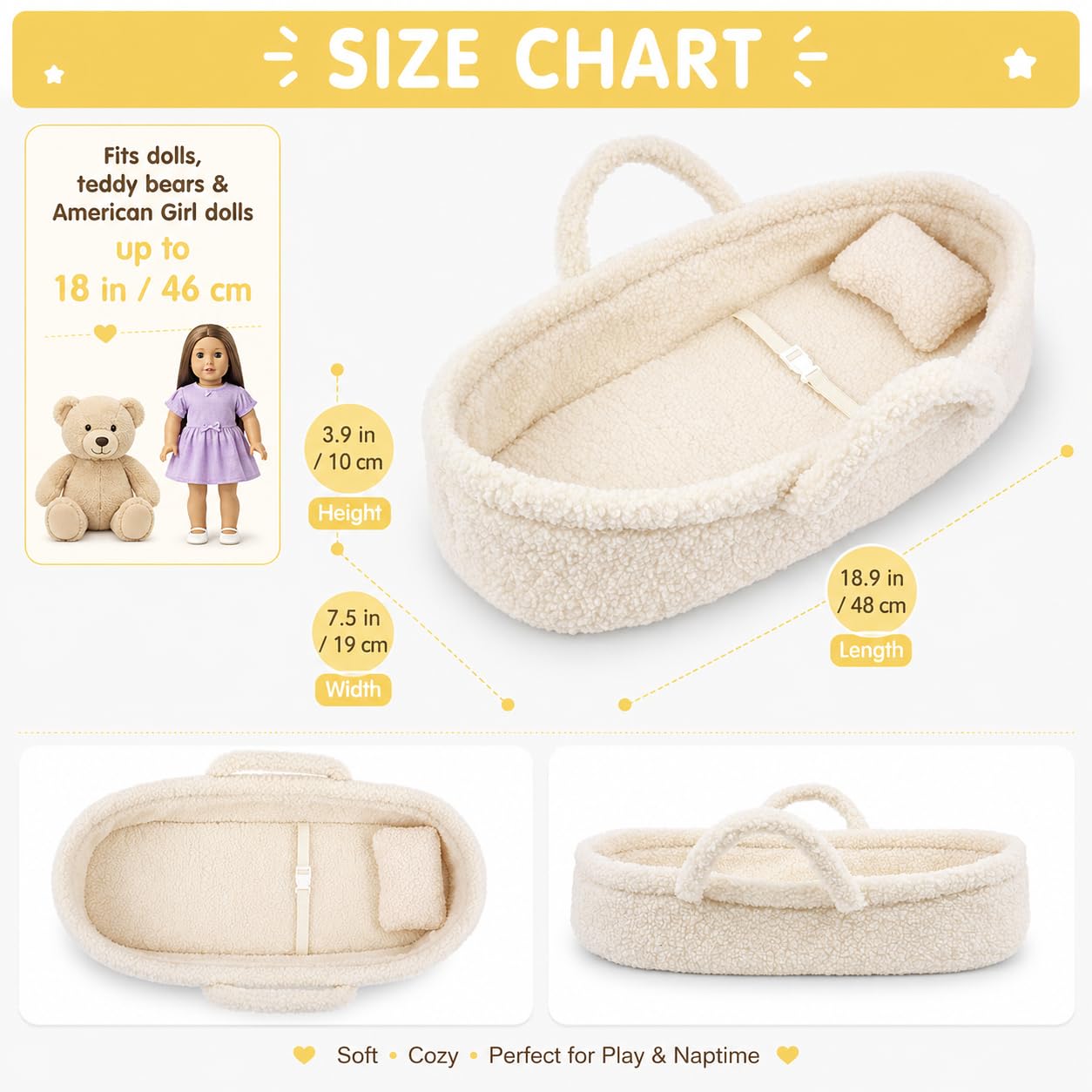 June Garden Cozy Dream Doll Bassinet - Baby Doll Portable Carrier - Fits for American Girl Dolls or Teddy Bears up to 18" - Cream White