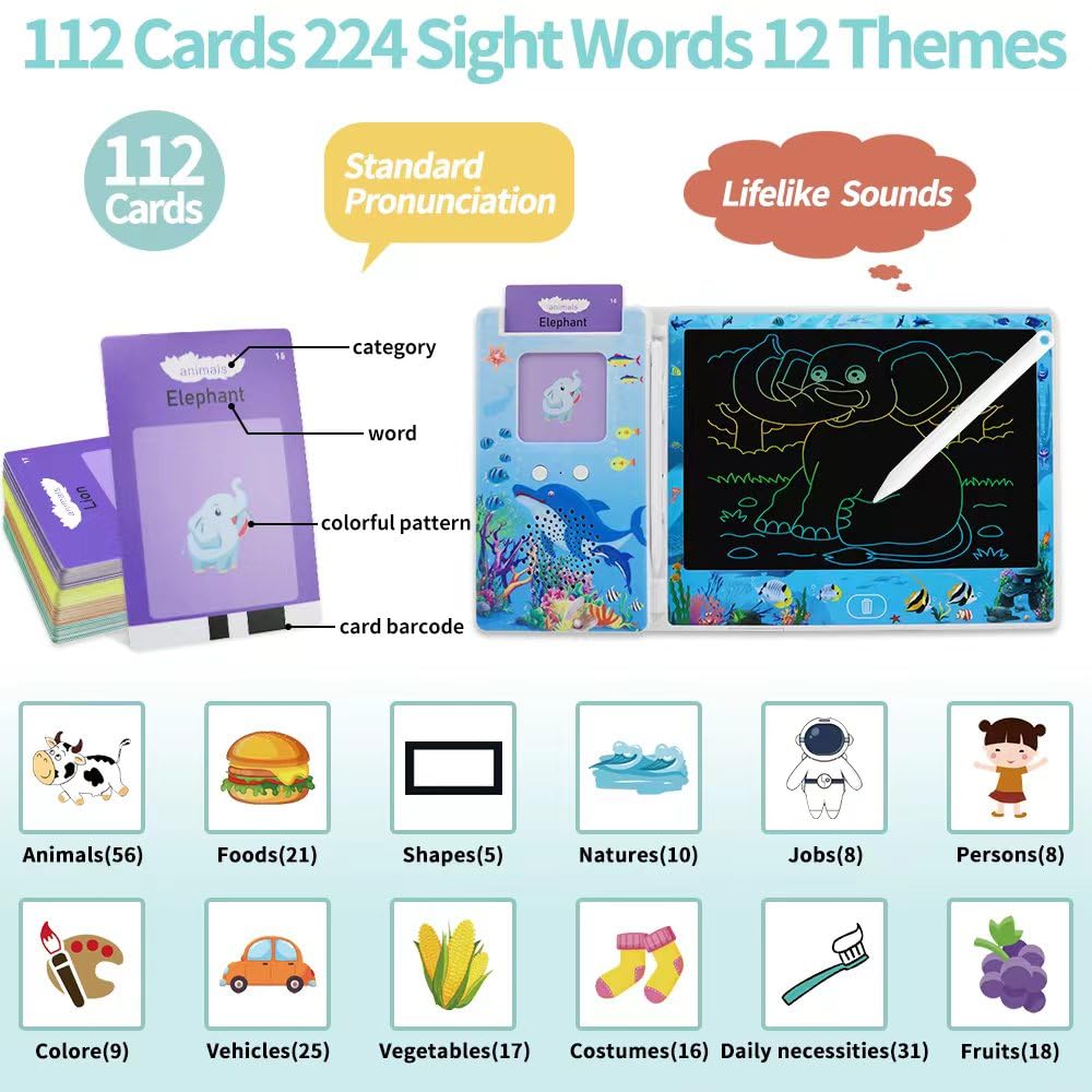DKQFOO 2-in-1 LCD Writing Tablet & Talking Flash Cards for Kids