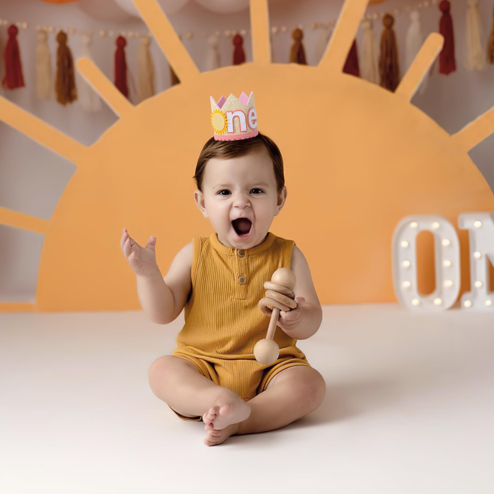 YOUAME Sunshine One Birthday Crown - Pink and Yellow Headwear for Toddlers' First Birthday, Sun Themed Party Decor, You Are My Sunshine Crown