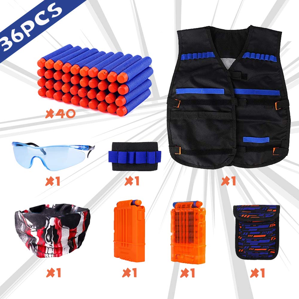 Kids Tactical Vest Kit for Nerf Guns N-Strike Elite Series with 40 Bullets Refill Darts, 2 Reload Clips, Dart Pouch, Tactical Masks, Hand Wrist Band