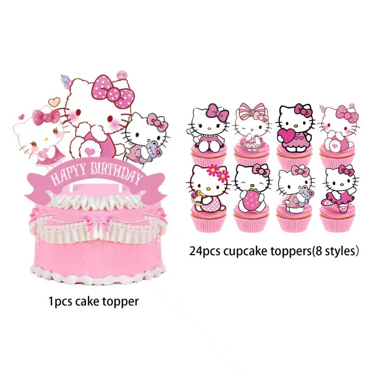 25Pcs Kitty Cake Decorations with 24pcs Cupcake Toppers, 1pcs Happy Birthday Cake Topper, Cartoon Themed Party Supplies, Perfect for Birthday Party