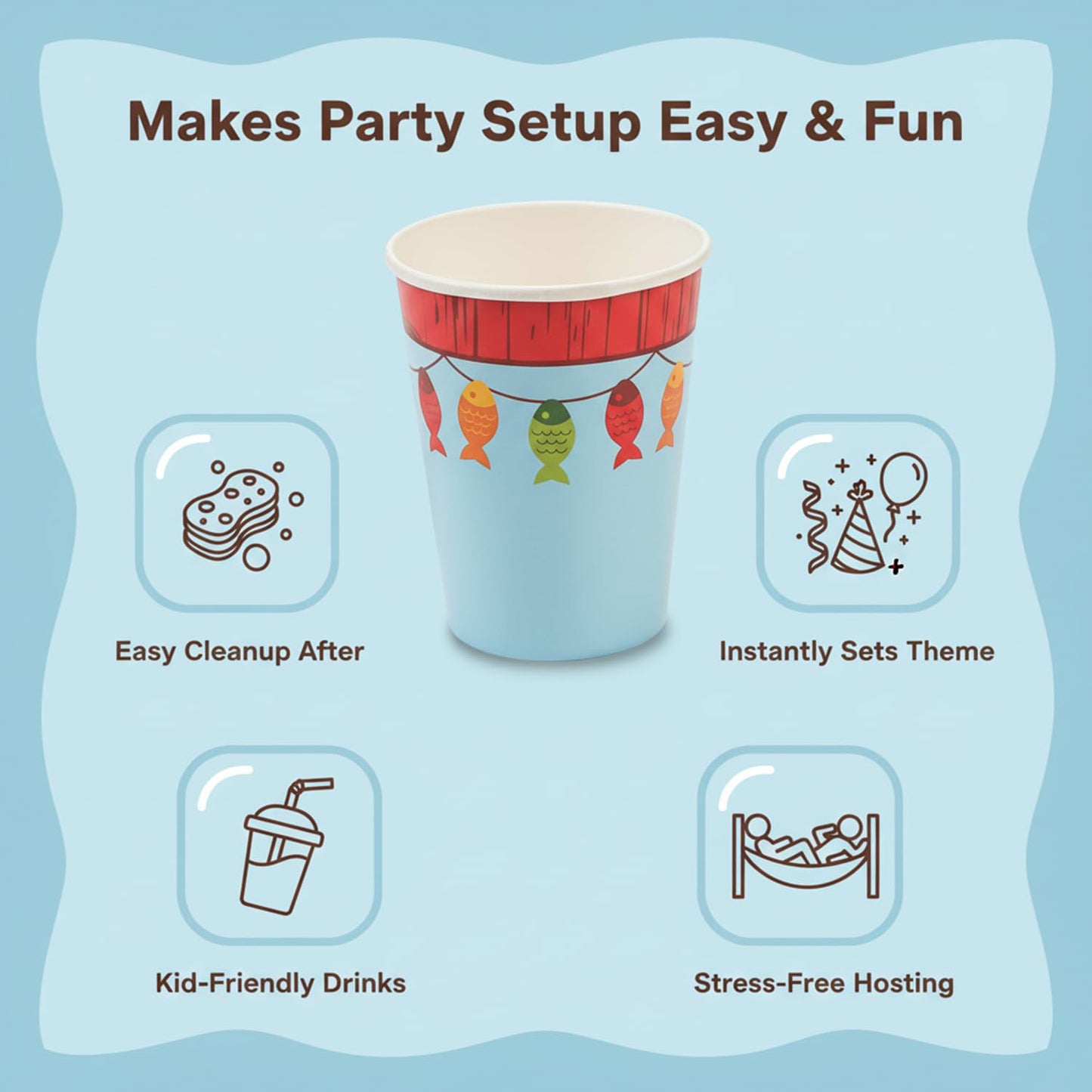 Fun Express - Little Fisherman 9oz Paper Cups for Birthday - Party Supplies - Print Tableware - Print Cups - 8 Pieces