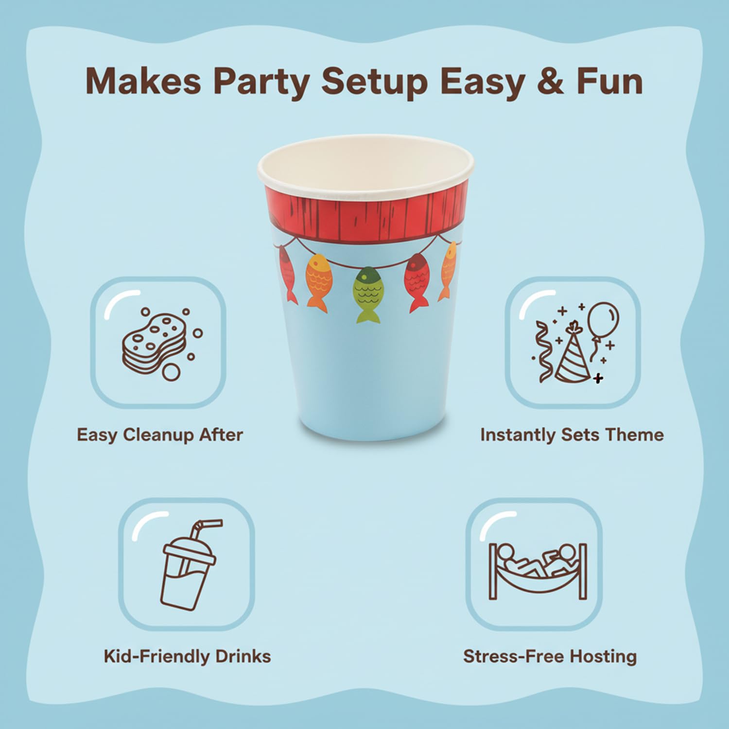 Fun Express - Little Fisherman 9oz Paper Cups for Birthday - Party Supplies - Print Tableware - Print Cups - 8 Pieces