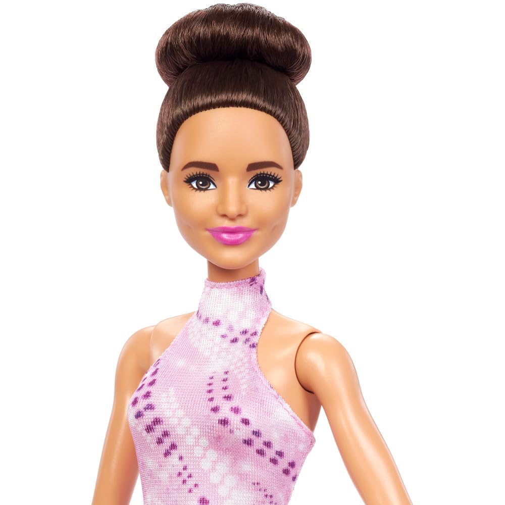 Barbie Careers Fashion Doll & Accessories, Brunette Ice Skater in Removable Pink Outfit with Ice Skates & Trophy