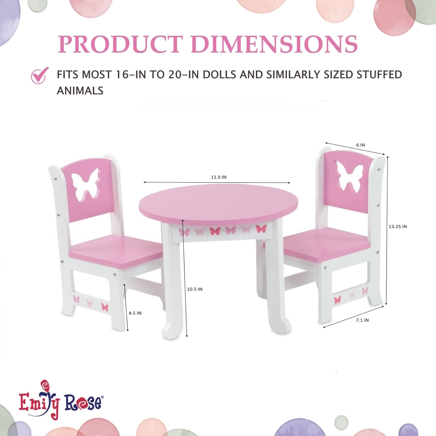 Emily Rose 18 Inch Doll Dining Table & 2 Chair Kitchen Set - Pink Butterfly