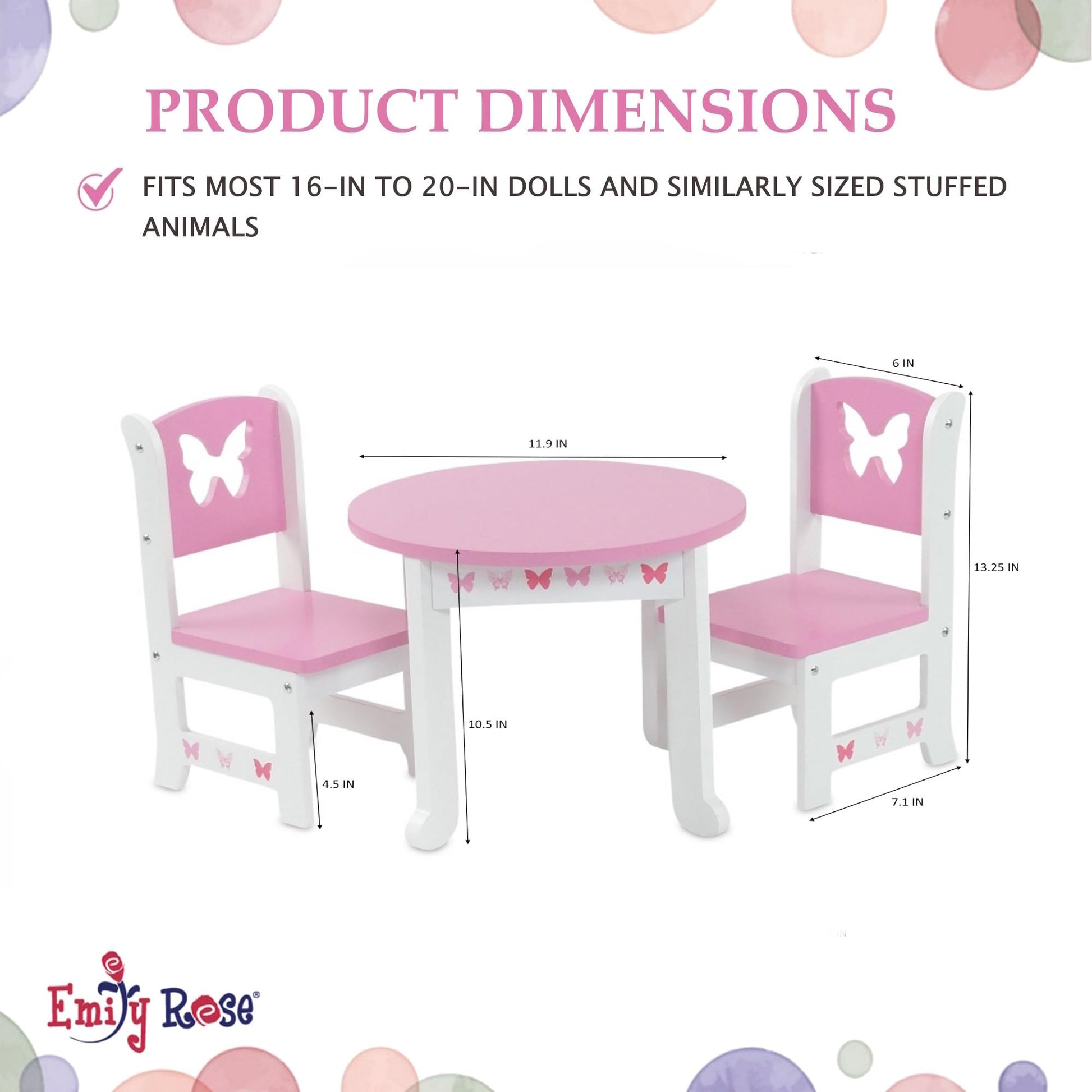 Emily Rose 18 Inch Doll Dining Table & 2 Chair Kitchen Set - Pink Butterfly