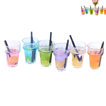 6Pcs Miniature Dollhouse Drink Set, 1:12 Scale, Colorful Resin Glass Cups with Beverage, Simulated Fruit Juice and Lemon Models, 0.72 x 0.5 Inch