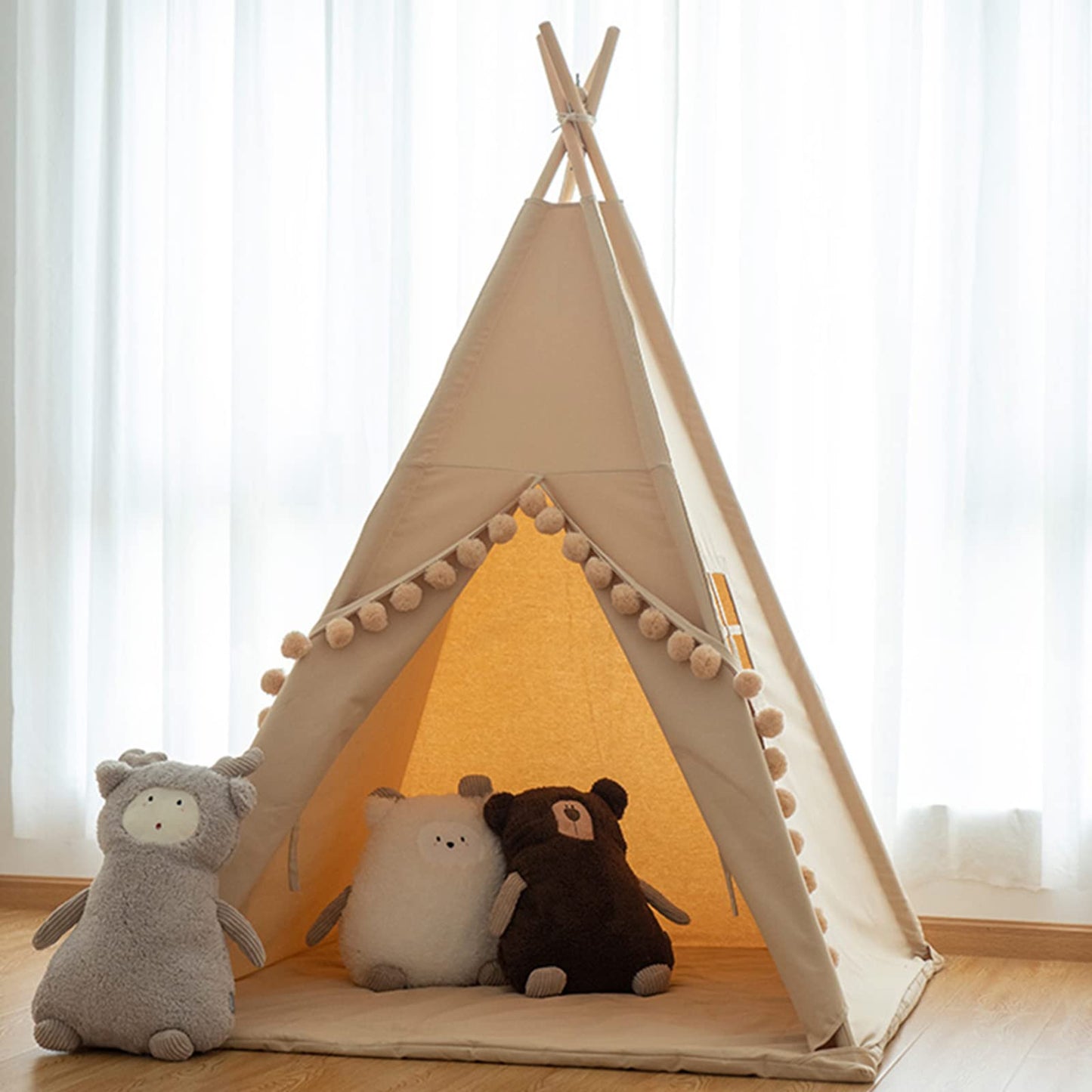 RONGFA Kids Teepee Tent with Lights &Large Pompoms & Carry Bag, Machine Washable Tent for Kids Indoor, Toddler Teepee for Girls & Boys（Without Mat）