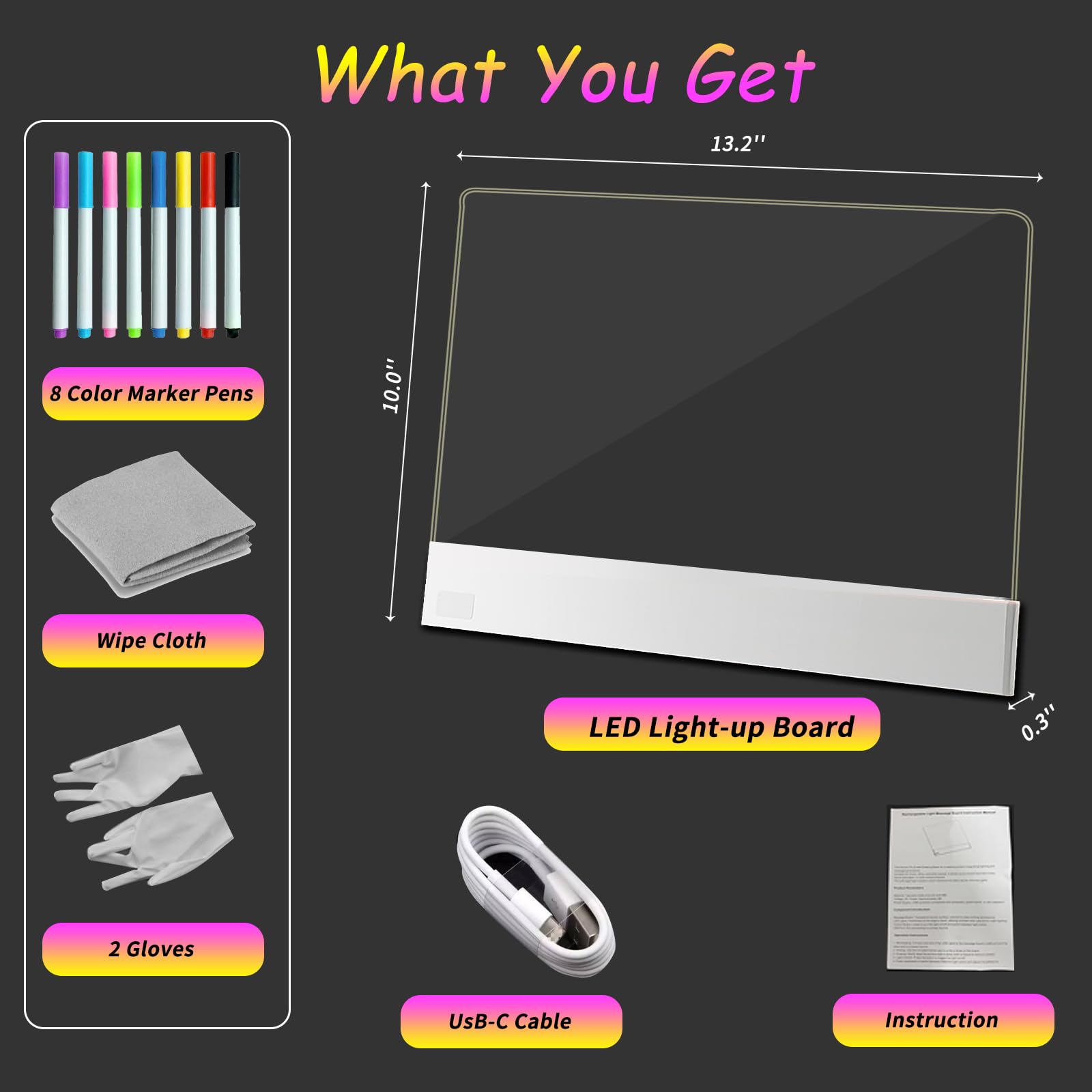 Led Drawing Board for Kids,13.2'' x 10'' Rechargeable Led Note Board with Colors,Doodle Glow Board,3 Modes & 5 Colors Acrylic Dry Erase Board with 8