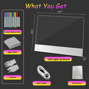 Led Drawing Board for Kids,13.2'' x 10'' Rechargeable Led Note Board with Colors,Doodle Glow Board,3 Modes & 5 Colors Acrylic Dry Erase Board with 8