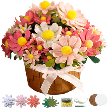 BAZIMA DIY Felt Flower Art Craft Kit, DIY Daisy Pot Bonsai Kit, 33 Daisies, Floral Gifts, Beginner Craft Kit, Arrange Pre-Cut Flowers and Foliage