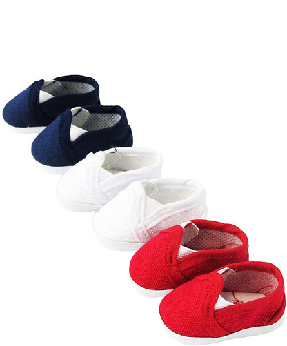American Fashion World 3 Pack of Canvas Slip-On Shoes: Red, Navy and White | Fits 14" Wellie Wisher Dolls | 14'' Inch Doll Accessories