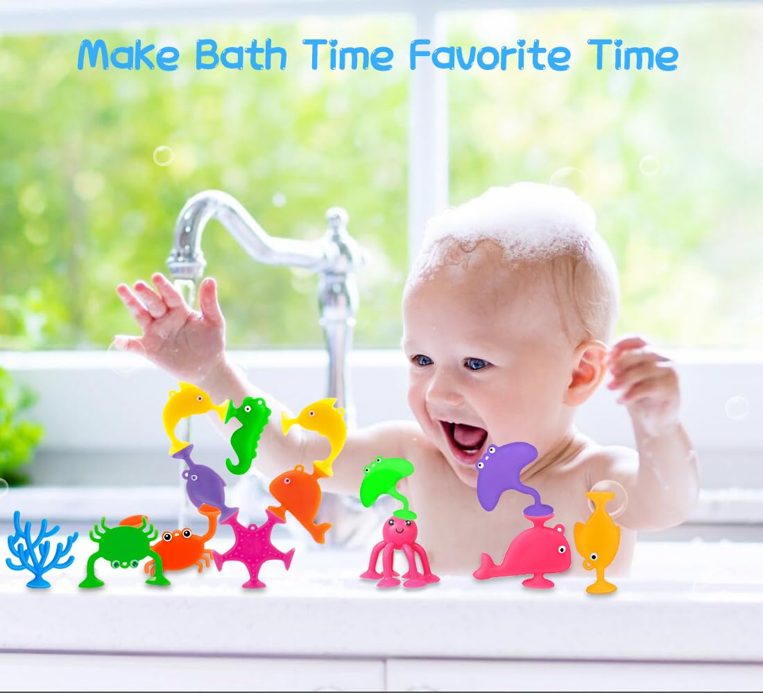 18PCS Suction Bath Toys for Toddler Kids, Mold Free Silicone Ocean Animals Suction Cup Bathtub Toys, No Hole Sensory Window Fidget Toys, Fun Creative
