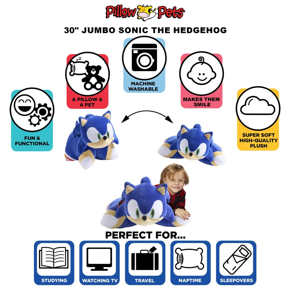 Pillow Pets Sonic The Hedgehog Jumbo 30" Plush Pillow Pet - Giant Soft Stuffed Animal, Unfolds into Comfortable Pillow for Sleep, Play, and Nap Time