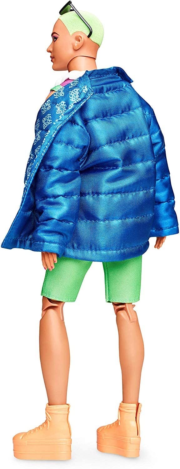 Barbie BMR1959 Ken Fully Poseable Fashion Doll with Neon Hair, in Neon Overalls and Puffer Jacket, with Accessories and Doll Stand