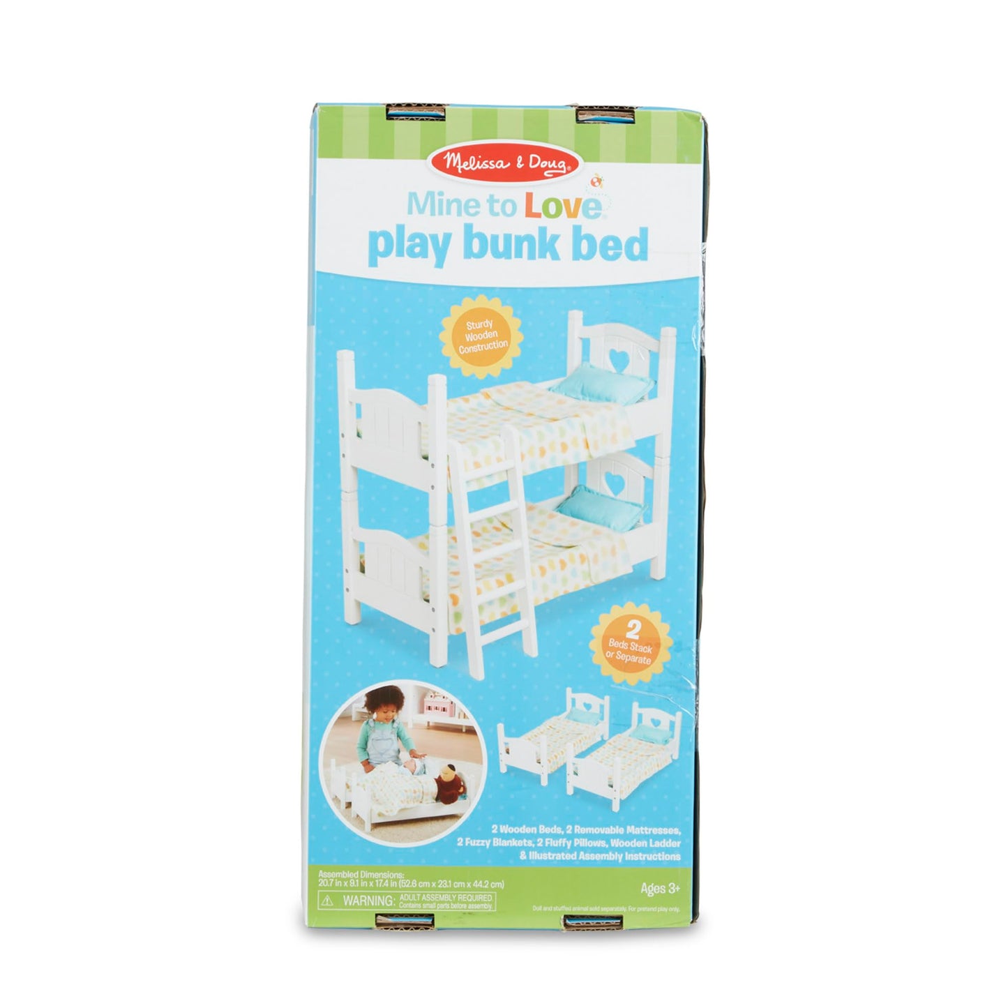 Melissa & Doug Mine to Love Wooden Play Bunk Bed for Dolls up to 18 inches-Stuffed Animals - White (2 Beds, 17.4”H x 9.1”W x 20.7”L Assembled and