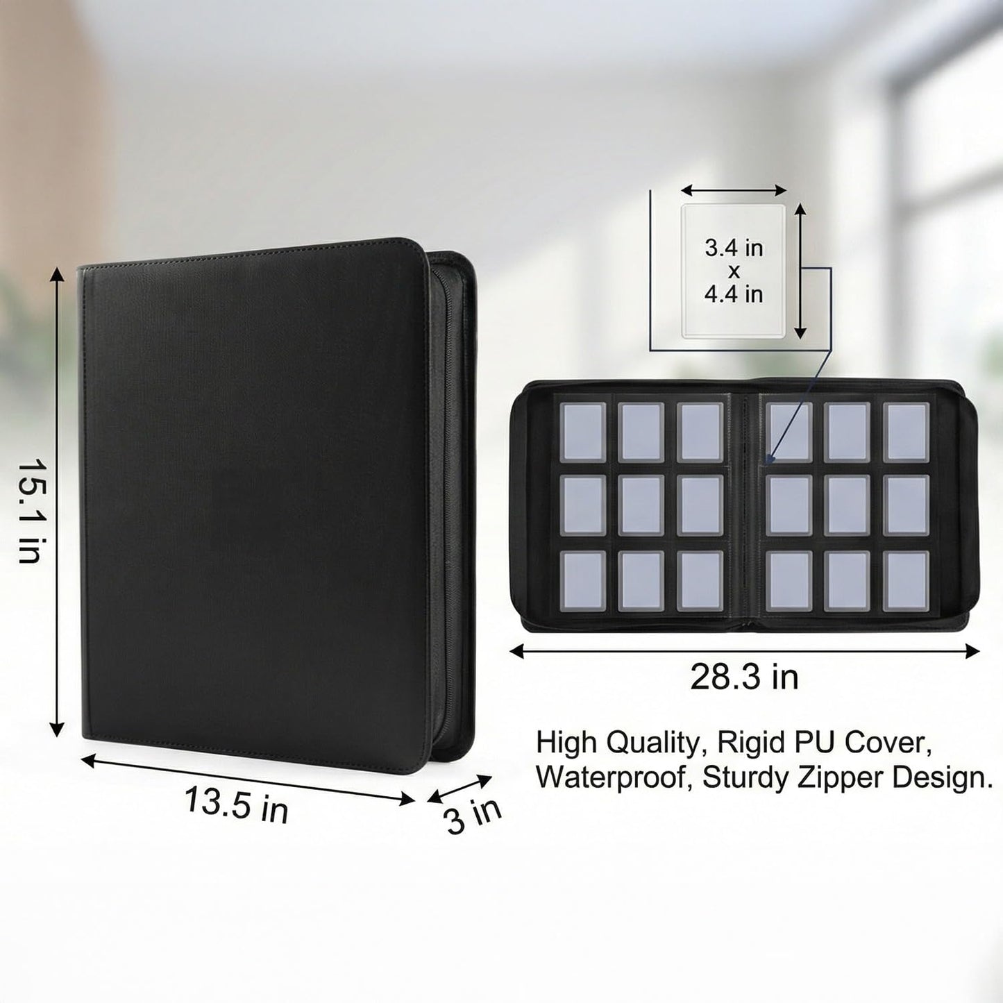 Toploader Binder, Trading Card Binder Holds 324 Cards 9 Pockets, Waterproof PU Leather & Anti-Yellowing PP Inserts, Ridge Tab Sorting Portable Top